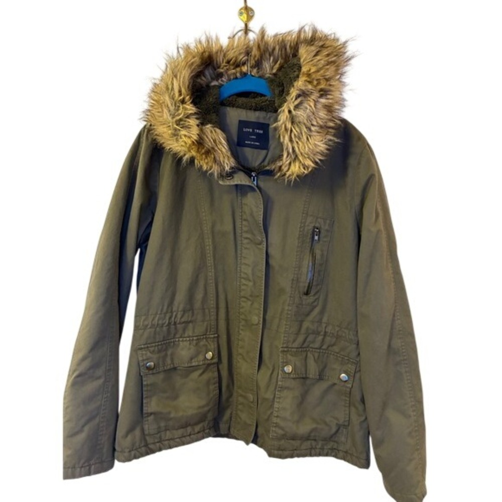 Love Tree Olive Green Sherpa Lined Parka Jacket Faux Fur Hood Women s/m